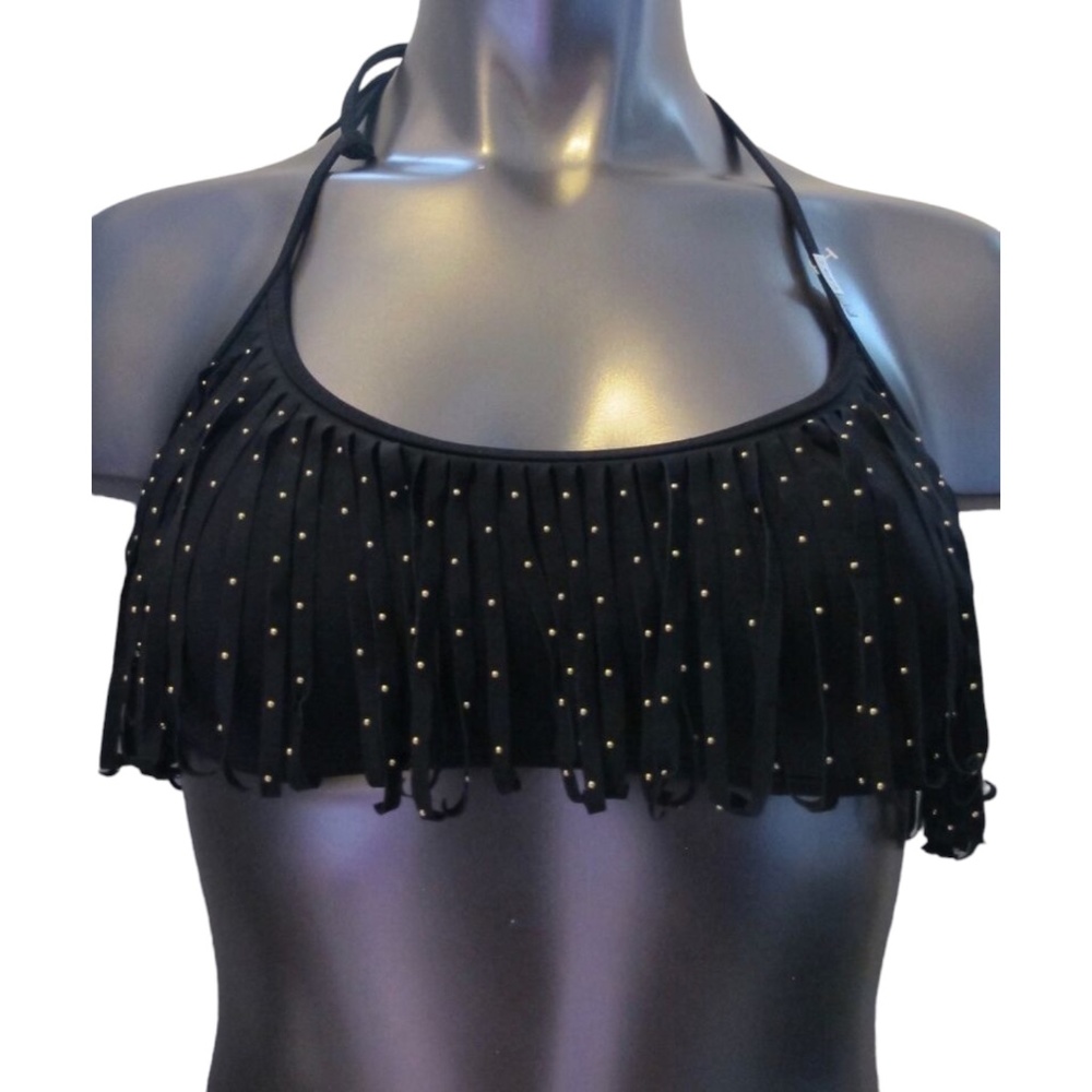 Victoria's Secret PINK Black w/ Gold Studs Fringe Bandeau Bikini Top S